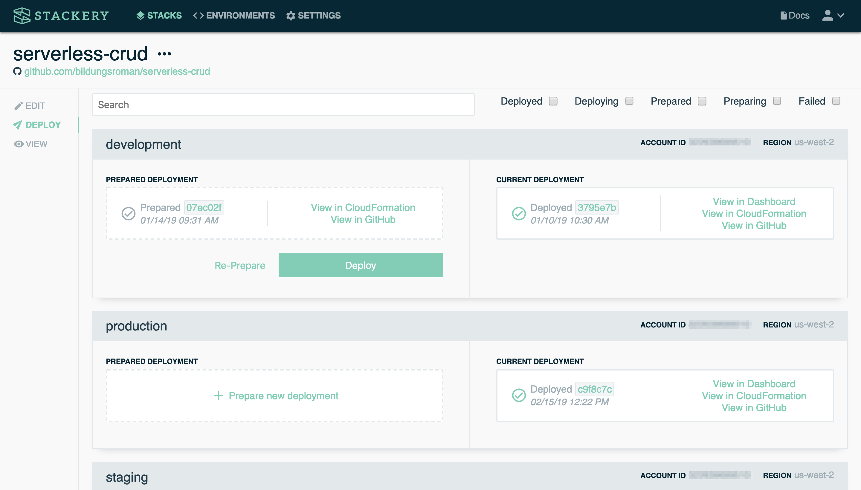 The Stackery Dashboard.